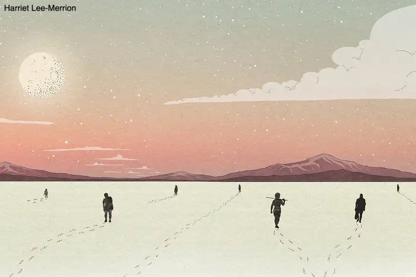 Artwork showing a vast, flat white plain - perhaps covered in snow - with mountains in the distance, against an orange and green sky. Seven isolated human figures are wandering away over the plain, leaving trails of footprints behind them. Credit: Harriet Lee-Merrion