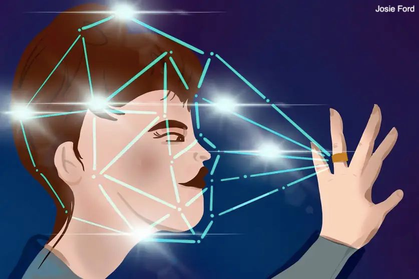 A cartoon showing a woman with short brown hair holding up her hand, with a gold ring on the third finger - and the ring is emitting blue beams that trace out the contours of her face. Credit: Josie Ford