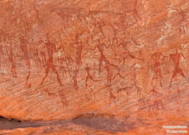 Prehistoric remains in Tassili n'Ajjer in southwestern Algeria. This huge plateau, inscribed as UNESCO World Heritage since 1982, hosts rock carvings chronicling nearly 10,000 years of history. Credit: Rostasedlacek / Shutterstock