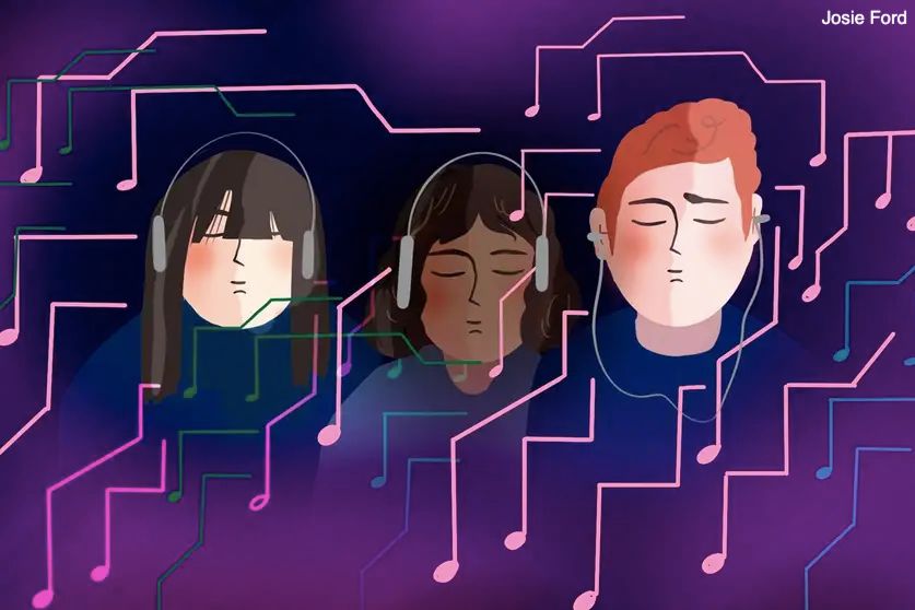 A cartoon showing three people listening to music on headphones, with musical notes floating all around them, on a purple background. Credit: Josie Ford
