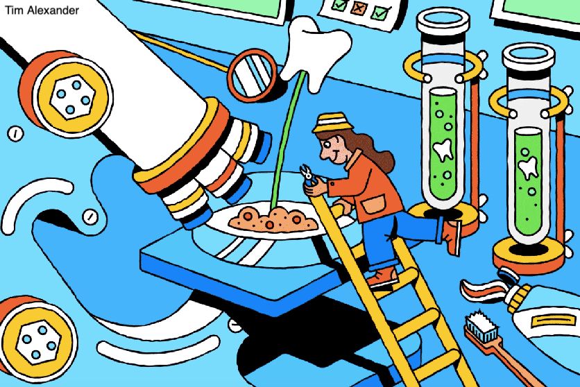 A cartoon showing a person climbing a ladder to inspect a collection of growing teeth in a white bowl, surrounded by oversized lab equipment like a microscope and test tubes. Credit: Tim Alexander