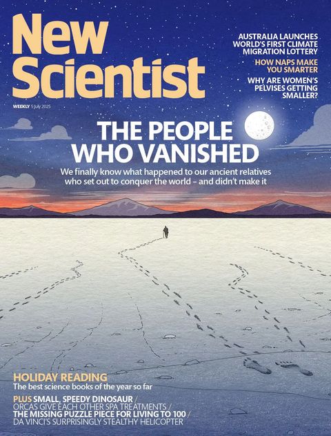 The front cover of New Scientist, issue 3550. The main caption is "The people who vanished: We finally know what happened to our ancient relatives who set out to conquer the world - and didn't make it." The image is artwork of a vast white plain, dotted with footprint trails, and one silhouetted figure walking off into the distance.