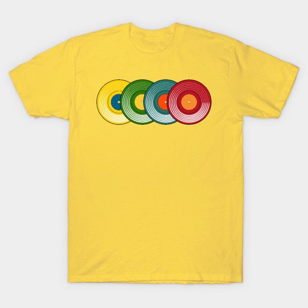 T-shirt with four colored-vinyl records on it, representing children's records of the past.