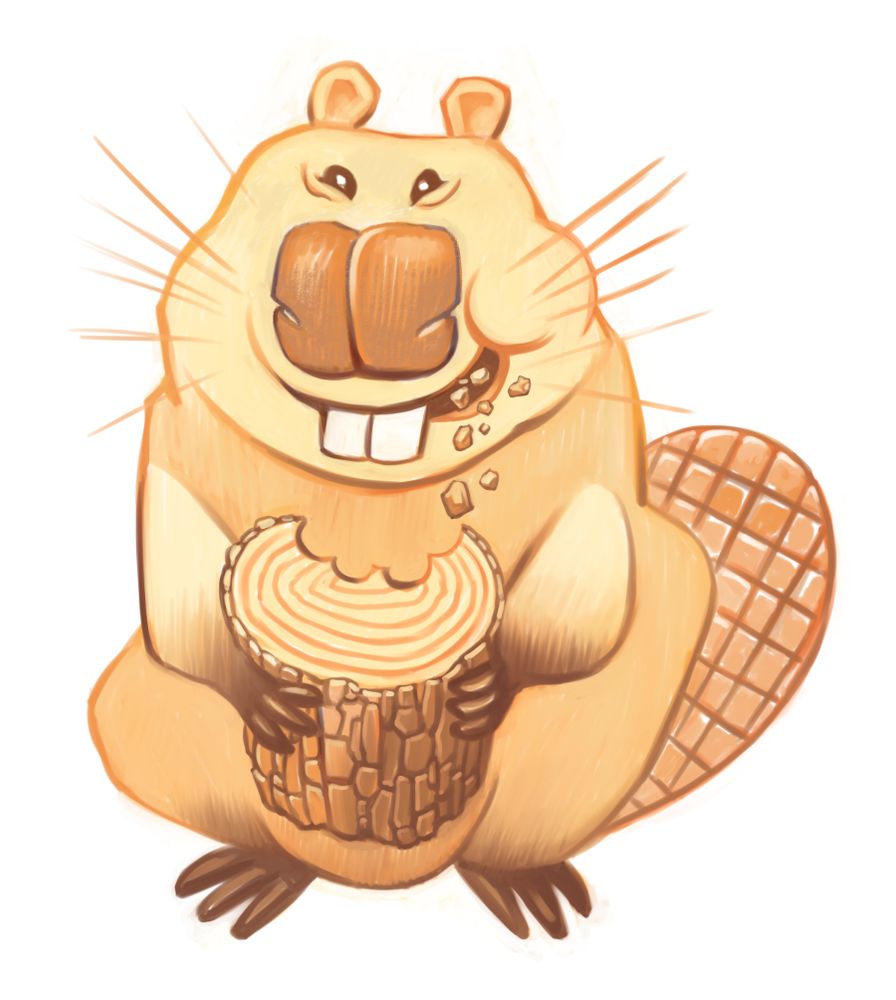 A little cartoon beaver eating a log.