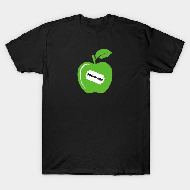 A Halloween T-shirt featuring a nod to the apocryphal razor blade in the apple story.