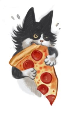 Kitten violently eating a slice of pizza.