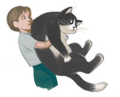 Young kid attempting to carry a very large house cat.