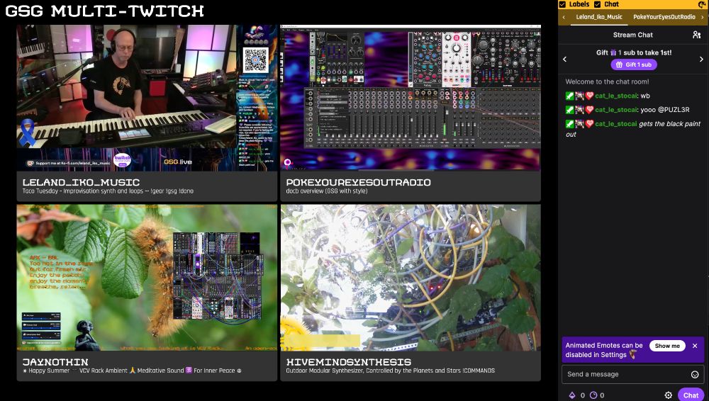 Screenshot of the GSG Multi-twitch in-browser display with 4 streamers online. 4 embeds of Twitch streams from Leland_Iko_Music, PokeYourEyesOutRadio, JayNothin, and HiveMindSynthesis are visible, with a chat pane to the right.