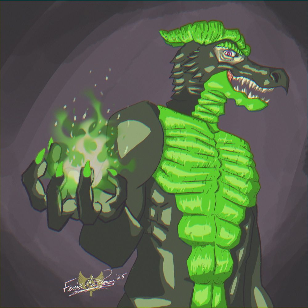Green and dark gray dragon holding a green flame