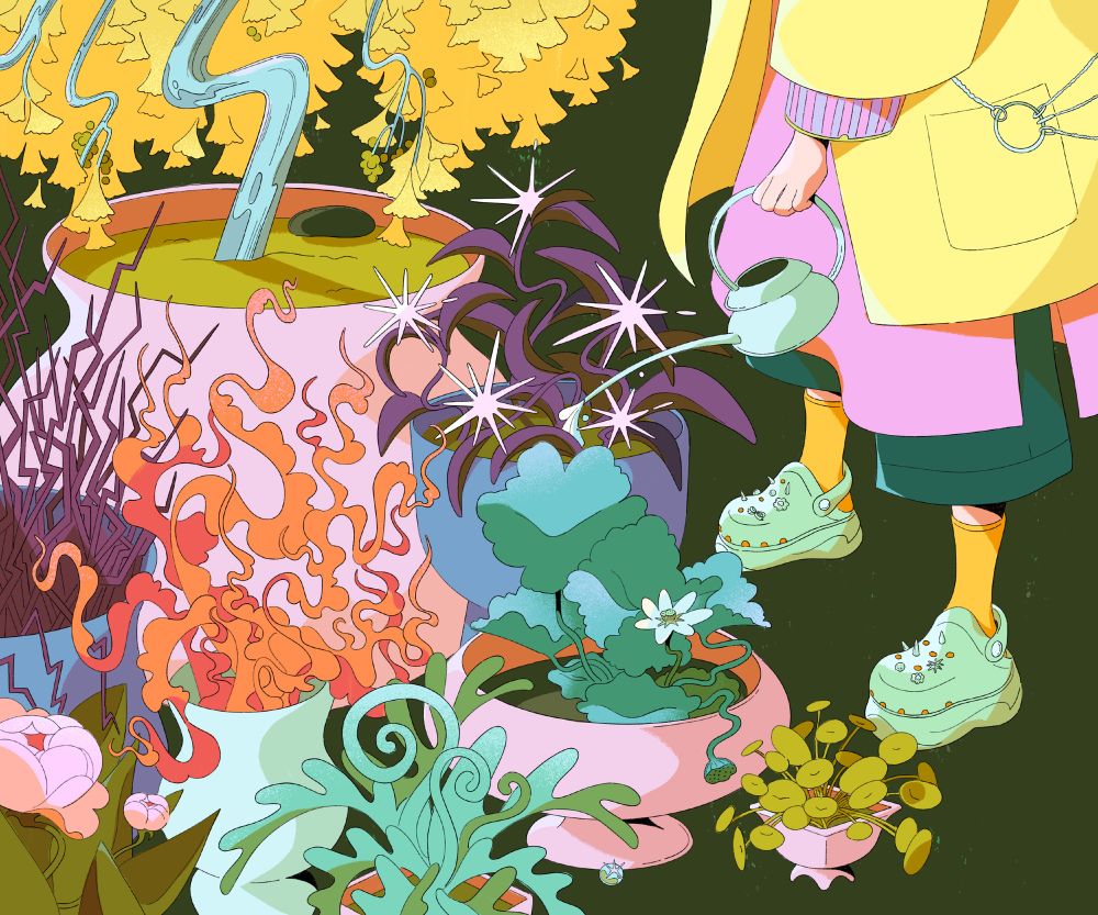 person with mint green crocs waters an abundance of potted plants, each a different species