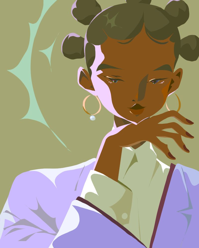 person in a lilac suit jacket, pink highlights bring her into relief