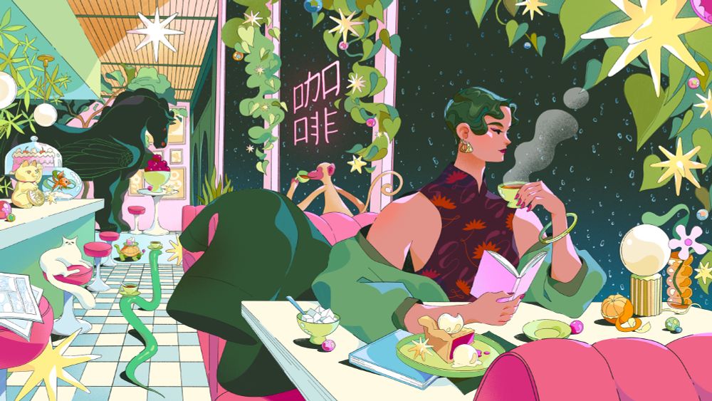 woman in a cafe surrounded by various plants and animals as the rain patters against the window
