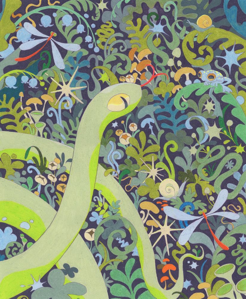 a snake and a frog hold conversation among many plants