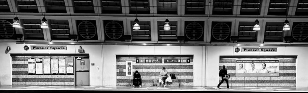 Black and white photo of the Pioneer Square light rail station in Seattle