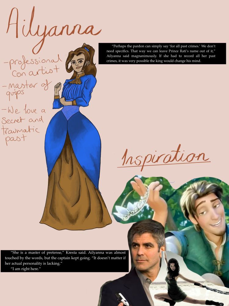 Character illustration of Ailyanna, a white woman with brown hair in a blue and gold dress. The Inspiration characters are Flynn Rider, Danny Ocean and River Tam. 