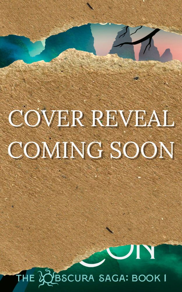 Brown paper with the words cover reveal coming soon on it, and rips revealing small snippets of a green mountainous landscape and a setting sun. 