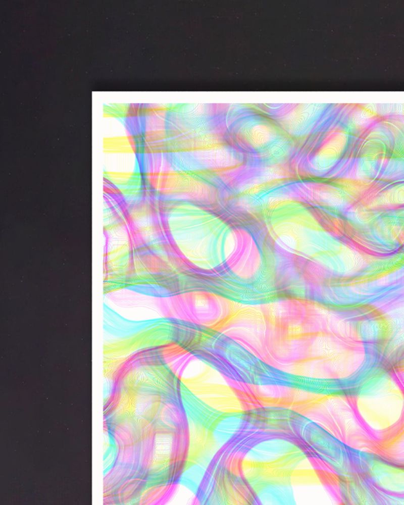 Cyan, Yellow and Magenta lines overlapping and creating 3D blobs.