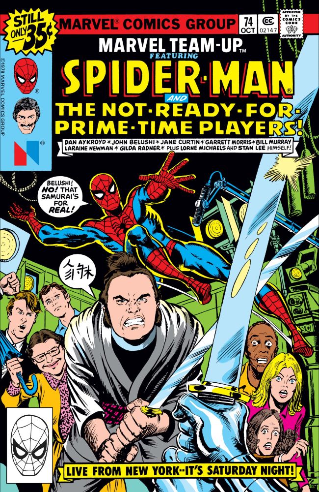John Belushi confronts a real samurai as Spider-Man desperately tries to stop him. The other SNL cast members look on in terror and amazement.