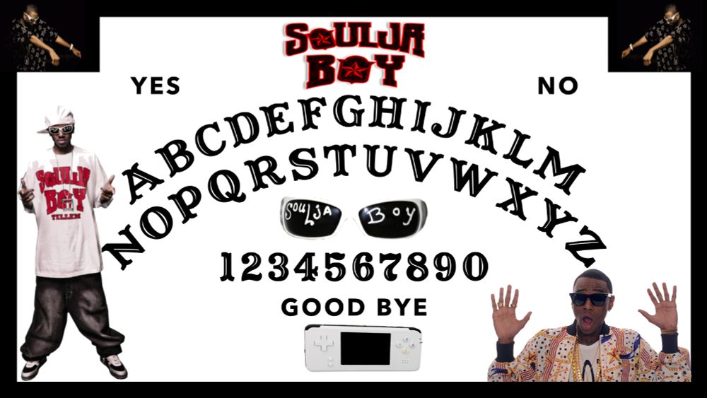 A ouija board themed around Soulja Boy, including images of Soulja Boy, his glasses, and his SouljaGame console.