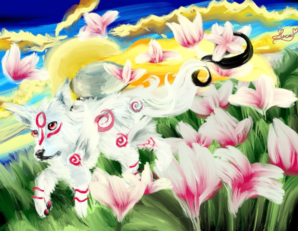 Amaterasu, the white wolf with red markings, runs in a field of flowers with a paint brush trailing behind her tail.