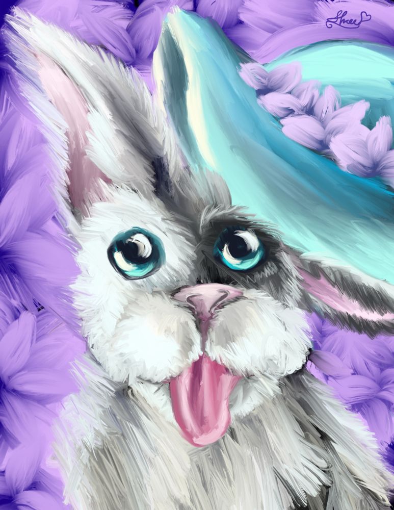 A white French bulldog with black patches sits with its tongue out, wearing a blue hat covering its ear and surrounded by purple flowers.