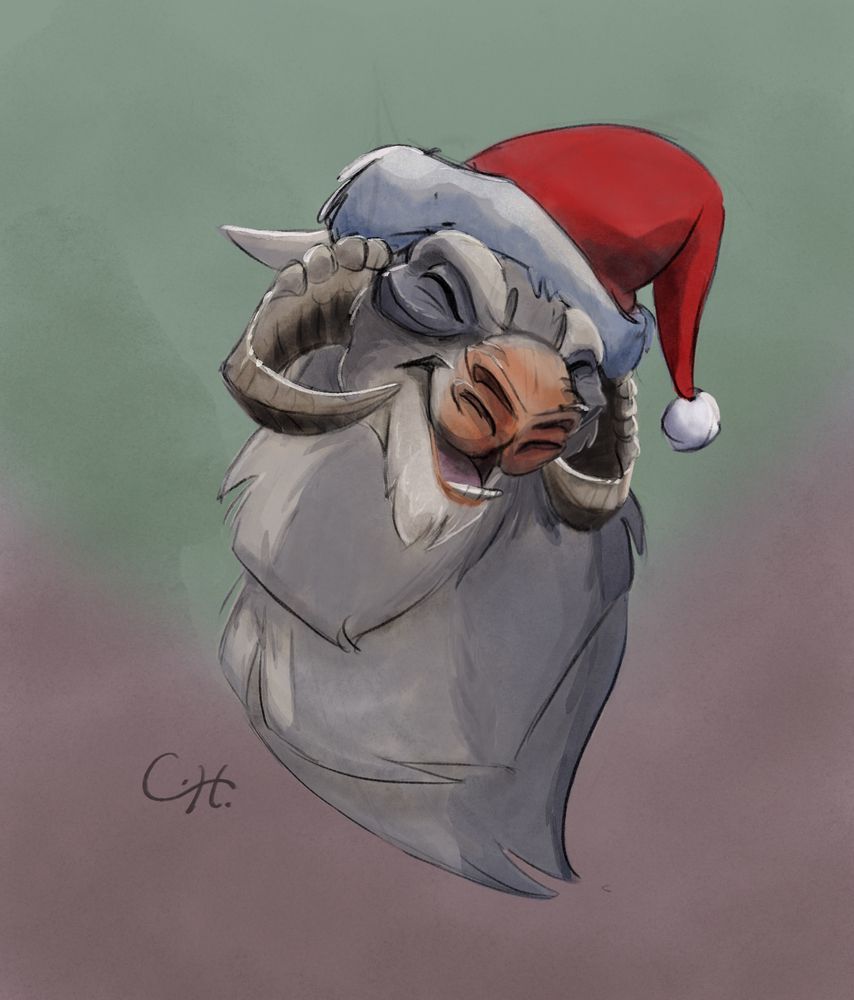 A happy tauntaun in a Santa hat. Tauntauns are a Star Wars creature with goat horns, two pairs of nostrils, and gray fluffy fur. 