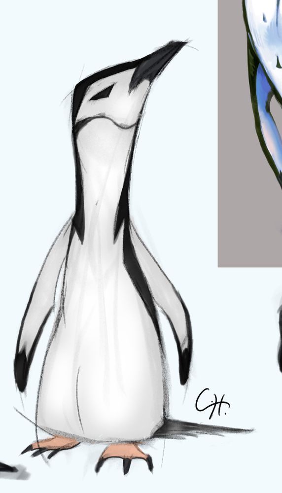 A stylized Chinstrap penguin. They have a thin black line under their chin that gives them their name. 