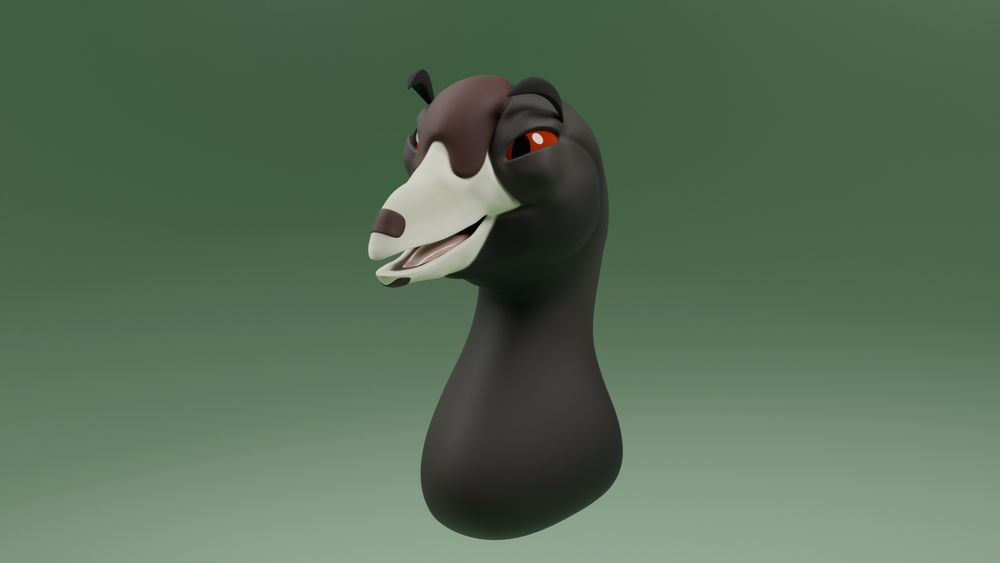 A cgi Nomad Sculpt bust of a coot on a green background. It's black, with a yellowish bill, topped by a reddish head shield. It has red eyes. This was rendered in Blender. 