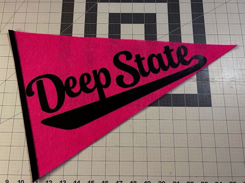 Black on pink pennant that says deep state in a sports font 
