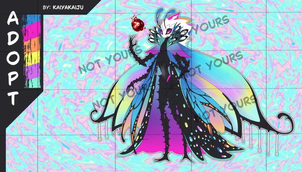 A spikey black moth that almost looks like Helluva Boss or Hazbin Hotel  style characters (not intentional, but here we are, I've heard it like 4 times so fuck it, we ball) ANYWAYS character is dark and rainbow goth inspired, big wings, long cloak, lots of colors accenting the blacks. Character has a ball of blood hovering over one of their four arms. Drawn and designed by me, Kaiya Kaiju