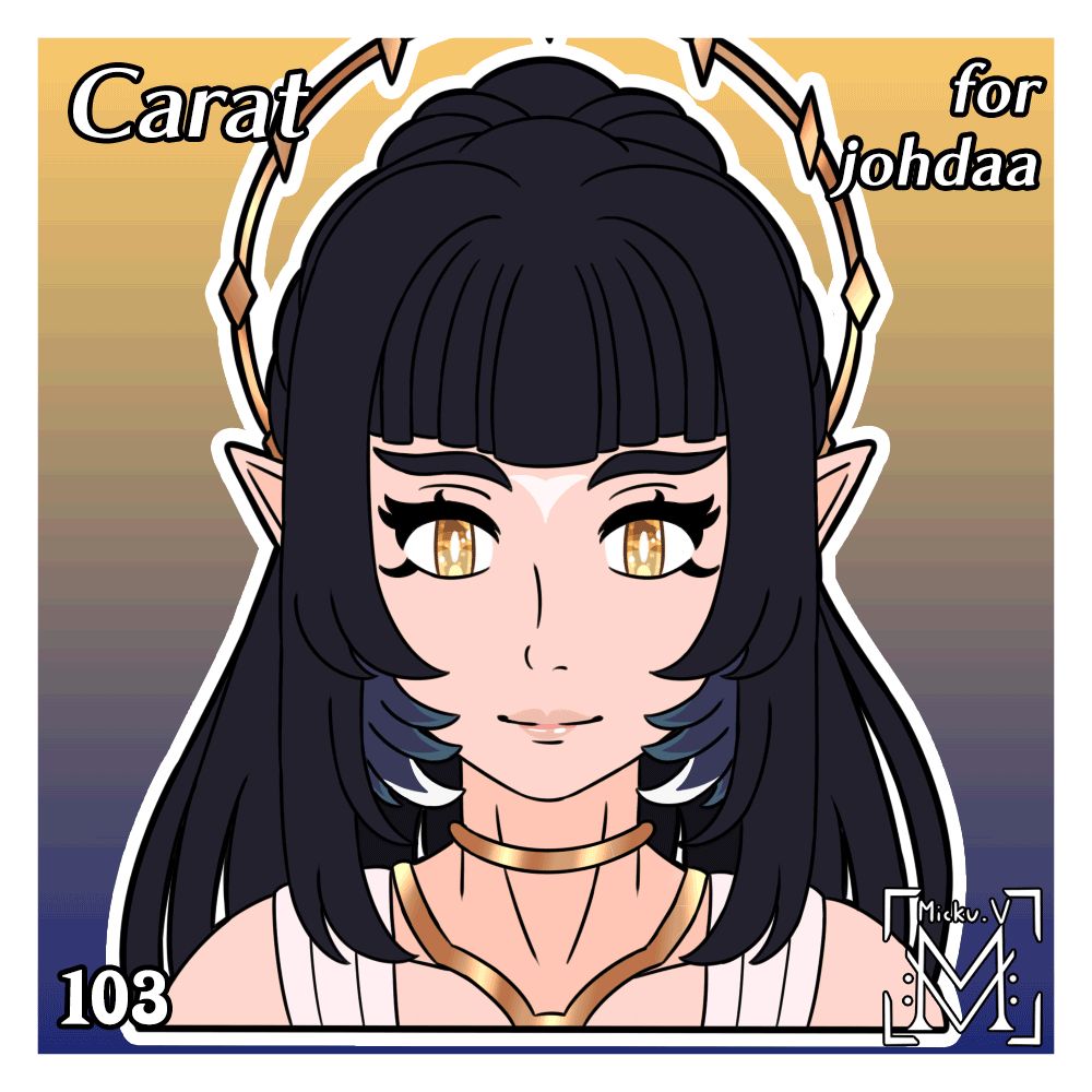 Animated Symmetrical Portrait of Carat, OC of johdaa
The first image shows a woman with brown hair, golden eyes, white skin, and feathers on her cheeks. She also wears a gold ring on the back of her head.
The second image shows the same woman, except that she no longer has white skin and golden eyes, but bright blue skin and eyes that have exchanged their irises for divine light.