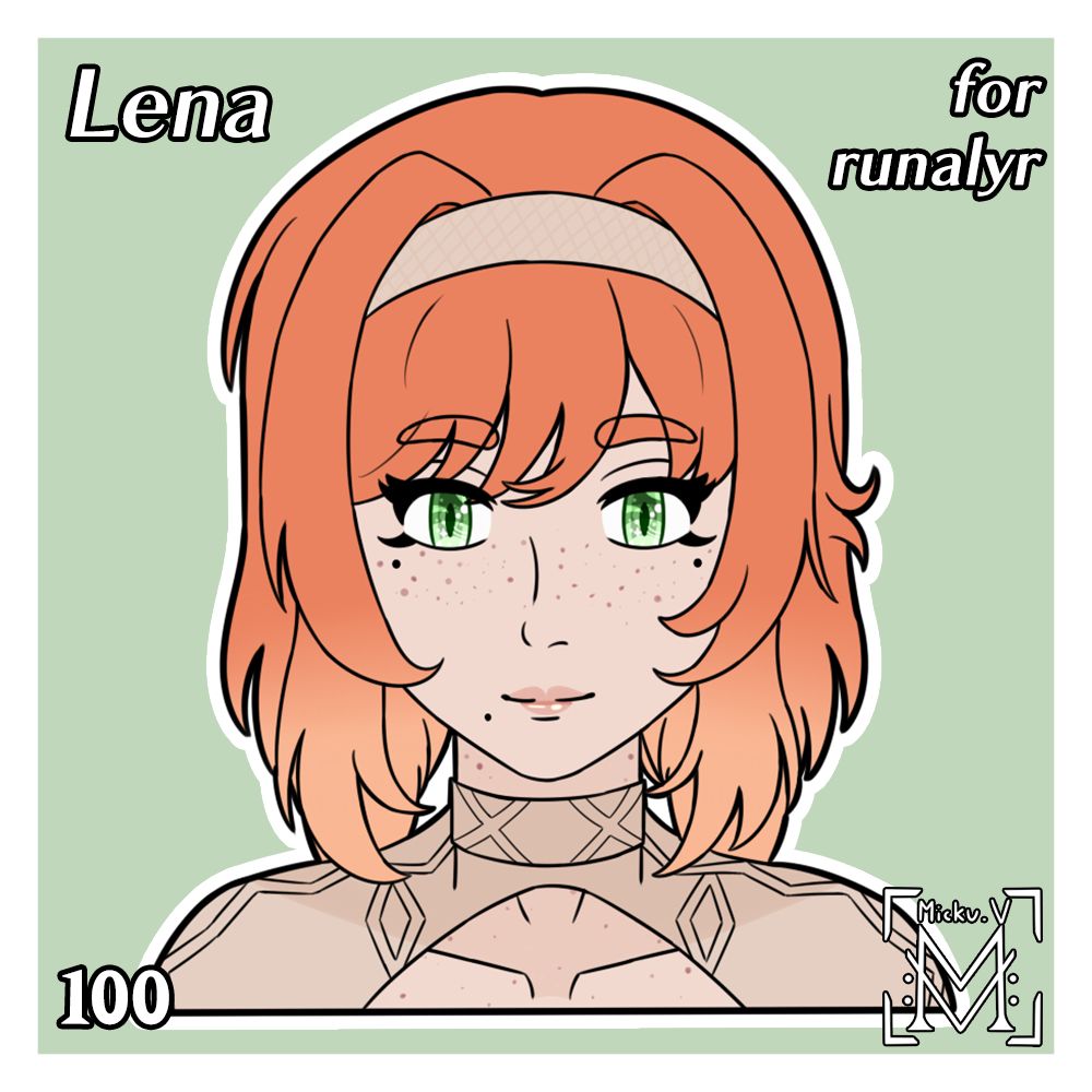 Symmetrical portrait of Lena, OC of runalyr
She is a woman with red hair and green eyes wearing a wool sweater with an opening on the upper bust.