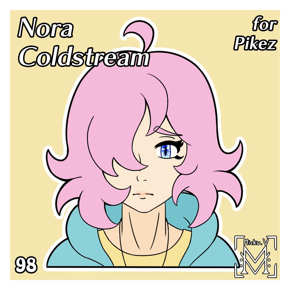 Symmetrical portrait of Nora Coldstream, OC of Pikez
She's a young woman with pink hair wearing a blue jacket and a yellow t-shirt
