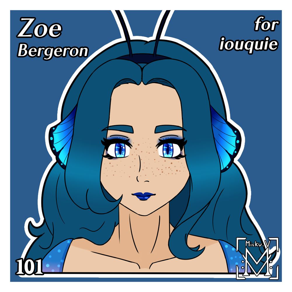 Symmetrical Portrait of Zoe Bergeron, OC of iouquie
A man with long blue hair and a headband giving him little butterfly wings at the level of his ears