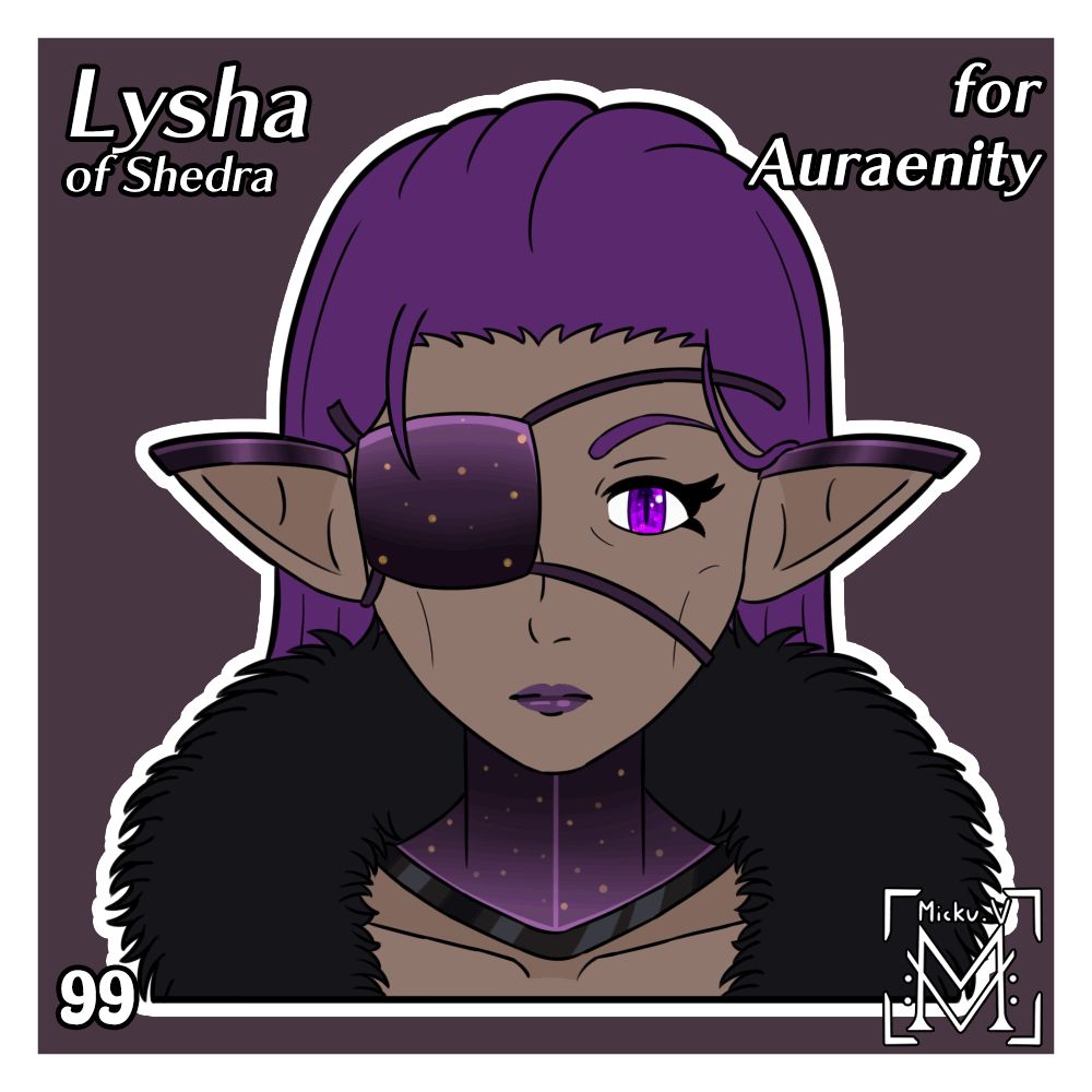Animated symmetrical portrait of Lysha of Shedra, OC of Auraenity
She's a middle-aged woman with long, purple hair and an eye patch in the first image. In the second, the eye patch is removed to reveal her chaotic eye.