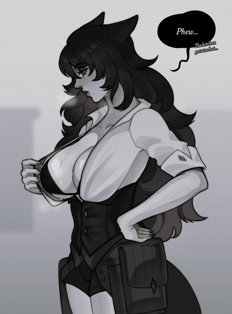 Digital black and white drawing of a feminine figure dressed in a low-cut shirt and crafter set. She's moving her shirt out of the way to fan her chest, exposing a bit of her skin.