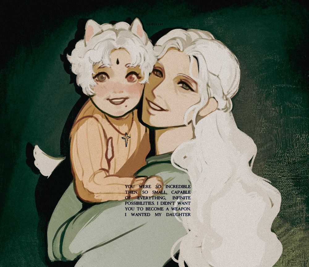Digital sketch of a feminine figure holding a small child in her arms, smiling at the viewer like their picture is being taken. The text on them reads, "You were so incredible then. So small, capable of everything, infinite possibilities. I didn't want you to become a weapon. I wanted my daughter."