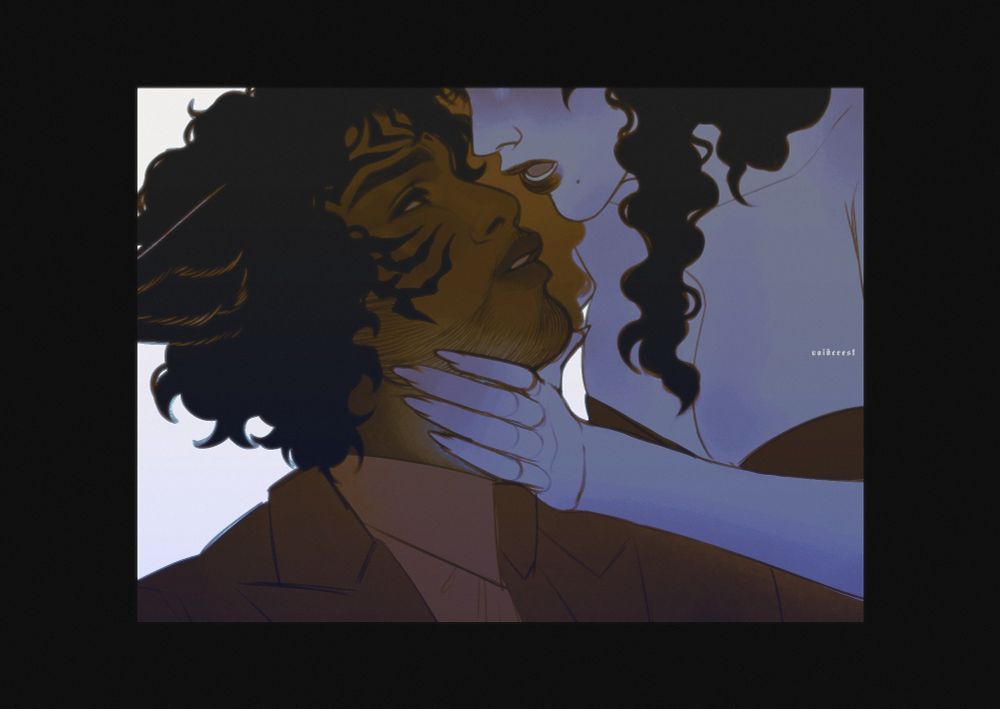 Digital sketch of two figures. The feminine one has her face cut off by the frame, only showing her lips, leaning in to the masculine one's face. She's holding his face with a glowing grip, gentle but firm. The masculine one looks up to her; he has dark, curly hair, dark skin and tiger-like marks across his face.