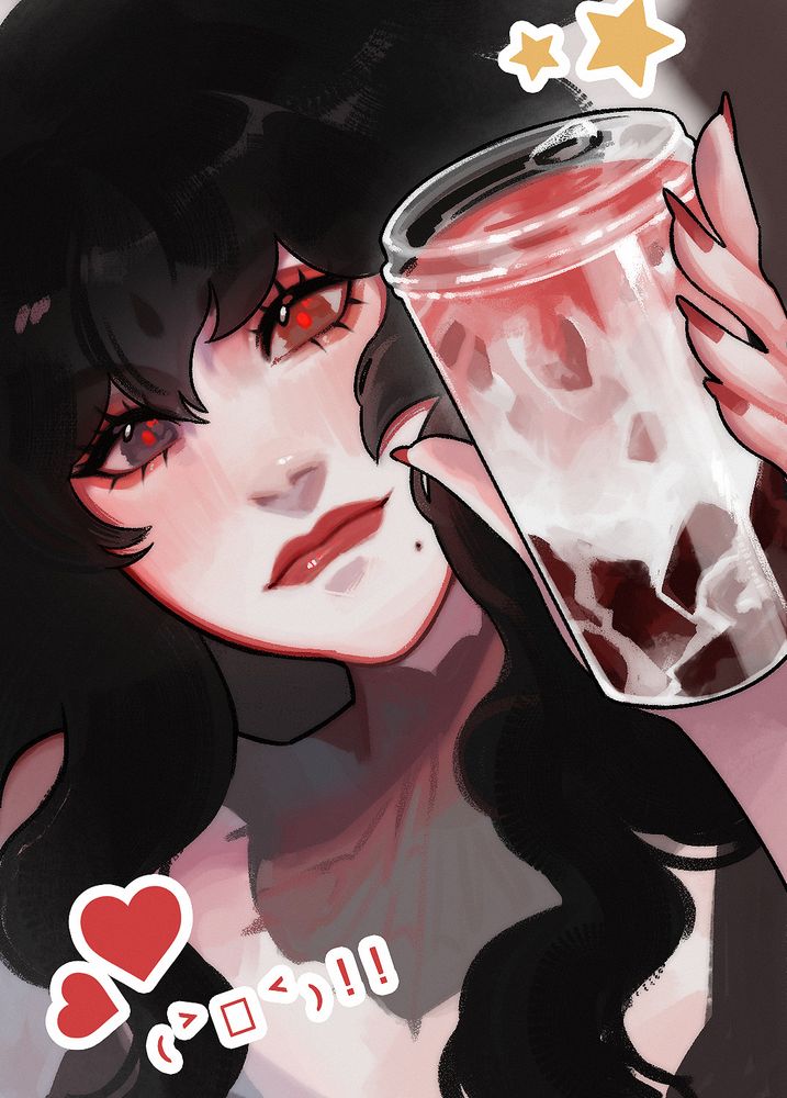 Digital drawing of a feminine figure. The angle suggests it's a selfie. She's leaning her head to the side and puffing her cheeks, showing off her drink to the camera.