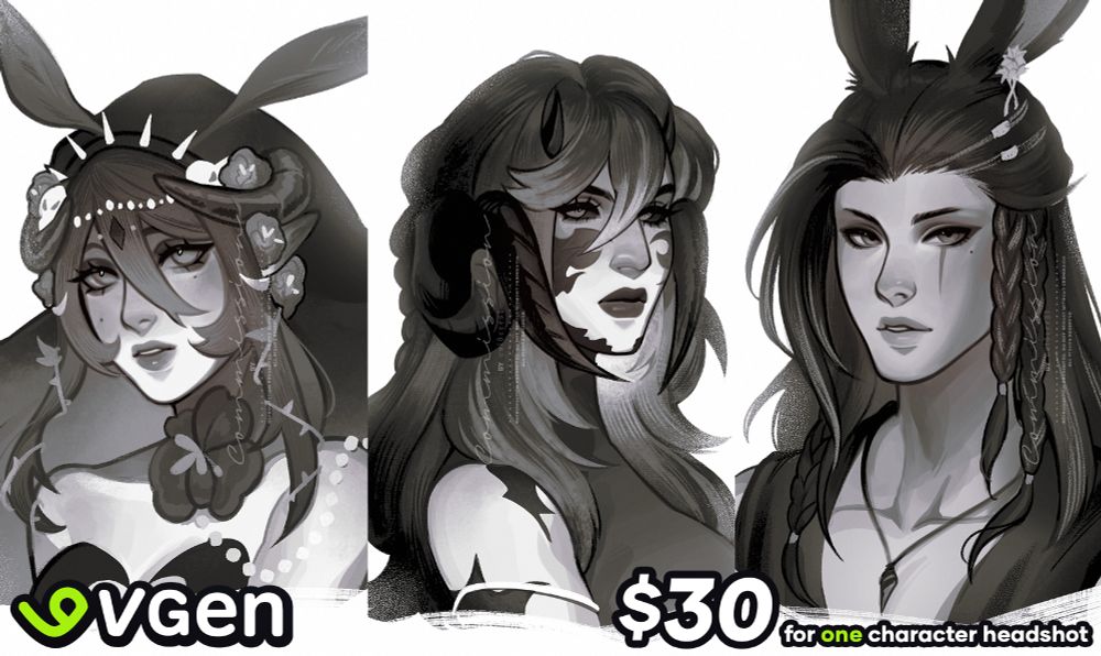 Advertisement graphic for voidcrest's headshot/bust commissions. The text reads, "$30 for one character headshot."