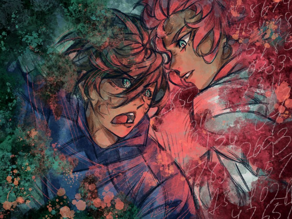 Digital drawing of Rin and Sae Itoshi. Rin wears the blue Blue Lock 11 kit whilst Sae wears the Japan U20 kit. Rin is positioned in front of Sae in destroyer mode with black scleras and teal cracked irises and his tongue out. He has a strained, angry expression, staring at Sae who barely breaks a sweat but is focused on Rin. Rin and Sae's auras framing the composition consist of dark teal splatters and red splatters with white numbers, respectively.