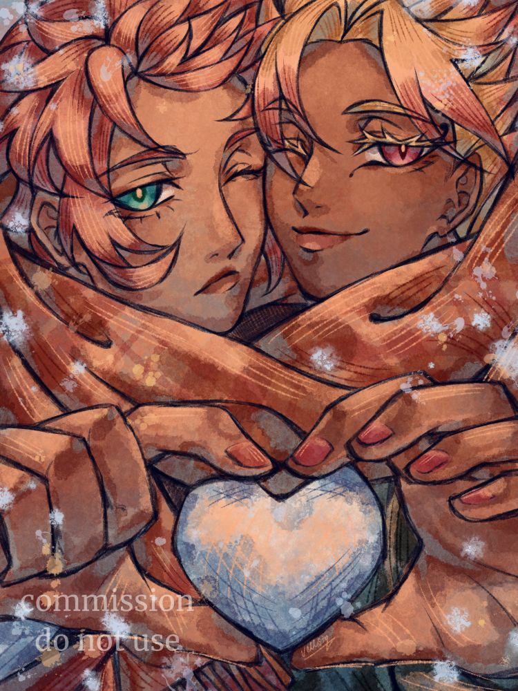 Digital drawing of Itoshi Sae and Shidou Ryusei. They press their face cheeks against each other as they look to the audience, each with one eye closed. They have an orange scarf wrapped around both of them and their hands form a heart and hold a heart made of snow. Snow dots the composition.