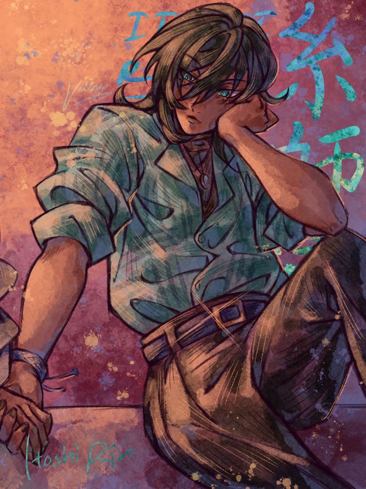 Digital drawing of genderbent Itoshi Rin, part 2 of a split piece. She has a variation of a wolfcut with layered hair around her neck. Her right arm reaches out to hold hands with Isagi whilst her other arm is on the knee of her raised left leg, with her face resting on her palm. She wears  a black turtleneck with a green striped collared shirt over it with sleeves rolled up, and black pants with a navy belt and gold buckle. She also wears a necklace with a bluish white gemstone. Her right hand has a blue friendship bracelet. In the background, her name in English and kanji is written in glittery teal.