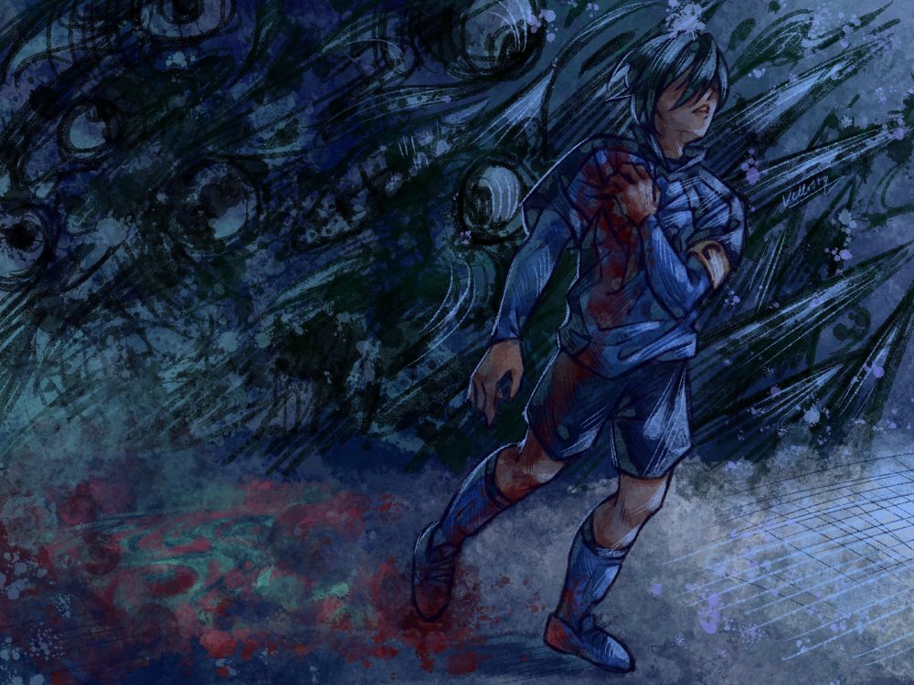 Digital drawing of Itoshi Rin. The atmosphere is dark and cold, with few warm colours apart from red blood. Rin, in his Blue Lock 11 kit, stumbles across white snow, clutching his heart and bleeding profusely from it. The blood travels down his leg and trails behind him on the snow, leaving large traces that have teal and pink colours (Sae's eye and hair colour) within. The background is very dark, with Rin's horror aura taking up the space. From left to right, the aura develops from a teal glow and eyeballs and mouths to splatters and spikes. Rin's expression is not visible but his mouth is open as if breathing heavily. 