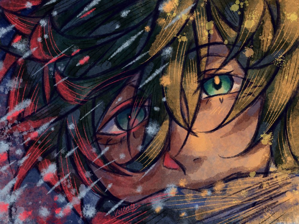 Digital drawing of Itoshi Rin, focused particularly on his face. The left half of his face is in the snowy night where Sae left him, and the right half is his hopeful expression at the end of the Blue Lock v U20 match right before Sae refuses to acknowledge him. The left of the composition has a harsh white/red lighting with snow and hail falling, whereas the left side has warm light.