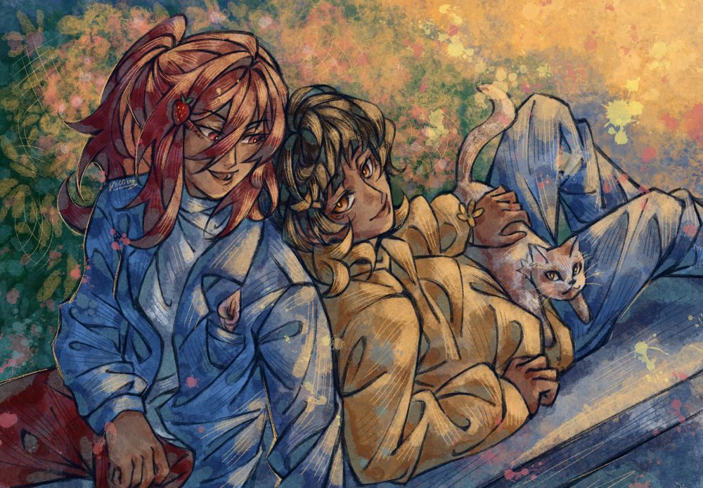 Digital drawing of Bachira Meguru and Chigiri Hyoma. Chigiri sits upright on a bench with a hand on his lap and the other to his side. Bachira leans against Chigiri on his back, propped up on an elbow, and gazes upwards at him, with his other hand petting a calico cat on his lap. Chigiri wears a denim jacket, white sweater, and red pants, as well as a strawberry clip in his hair and a calla lily in his jacket pocket. Bachira has a banana hairclip and yellow flower bracelet and wears a white loose sweater and denim pants. The background consists of a white bench they are sat on and a bush next to them.