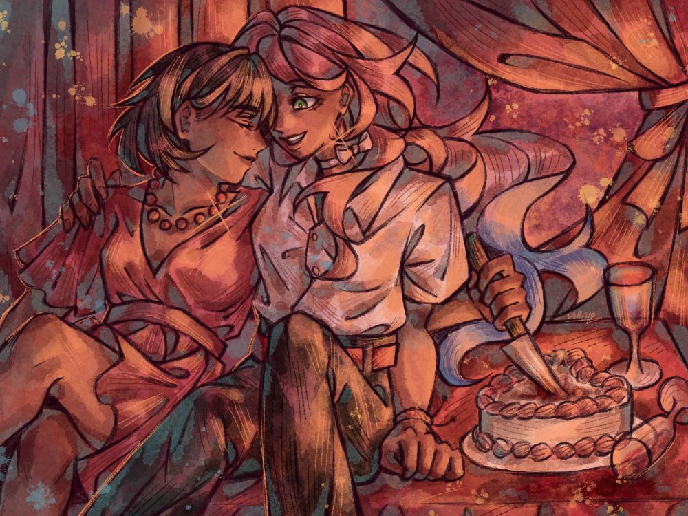 Digital drawing of Mizi and Sua. The composition consists of primarily warm colours with a teal reflect light. Mizi and Sua are sat on red clothed table, with Sua crossing her legs and her left hand reaching behind Mizi's back to hold a knife to stab into a decorated white cake. A red substance seeps from the opening. Sua's eyes are closed and she is smiling, whilst Mizi's are open and she has an open mouth smile. Mizi has one arm bracing herself on the table and her right arm gently holds Sua's shoulder. The background has a let down curtain behind Sua and a tied up curtain near Mizi. Mizi wears a red teardrop earring, white bow choker, white collared shirt over a black shirt, black pants with a red belt, and a pink friendship bracelet. Mizi wears a red bead necklace and short pink flowy dress.