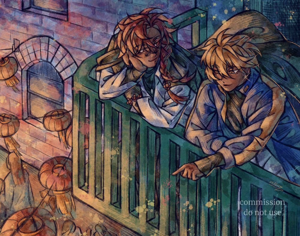 Digital commission drawing of Vein and Xia Fei from Link Click. The two are stood on a green balcony above a busy street which has white brick walls and red lanterns hanging overhead. The two lean on the balcony rail, with Vein holding his head with one arm and looking at Xia Fei as he's smiling. Xia Fei points down at the street and directs his gaze there. The atmosphere below them is warm and bright, illuminating their faces.