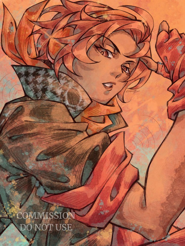 Digital drawing of Sendou Shuuto in Yosuke Hanamura's dancing outfit. Sendou wears an orange neckerchief, orange headphones, a black unbuttoned school uniform with a white houndstooth pattern on the collar, and salmon pink fingerless gloves and shirt. He is turned to the side, with his left arm swayed backwards and his right hand raised near his face and pointing to himself. He has a focused expression. 
