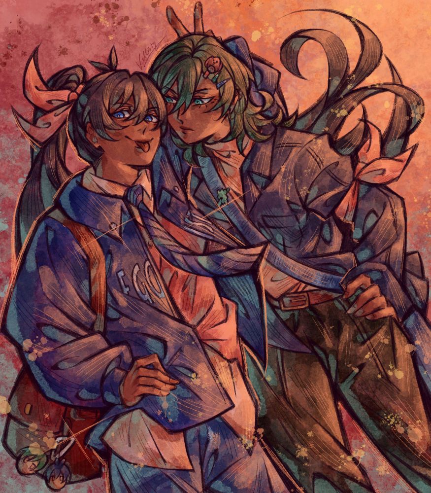 Digital drawing of genderbent Itoshi Rin and Isagi Yoichi. Isagi has one hand in her pocket and her other arm behind Rin and doing a peace sign above Rin's head, resembling a 'futaba'. Isagi sticks her tongue out playfully. Rin bends down a little with one hand on her hip and looks at Isagi. Isagi has a long ponytail with a pink bandana securing it. She wears an unzipped blue jacket with 'EGOIST'  lettered on the front, a blue/teal/pink striped tie, light pink collared shirt underneath a pink cropped sweater half tucked in, and jeans. She also wears a brown satchel with keychains of her and Rin. Rin has an owl clip, and green and blue clips in her hair. She wears a faded navy collared shirt over a beige turtleneck tucked into black pants with a brown belt with a golden buckle. She has a blue satchel and pink handkerchief (matching Isagi) wrapped around her arm, in the same position as the captain armbands on a jersey.